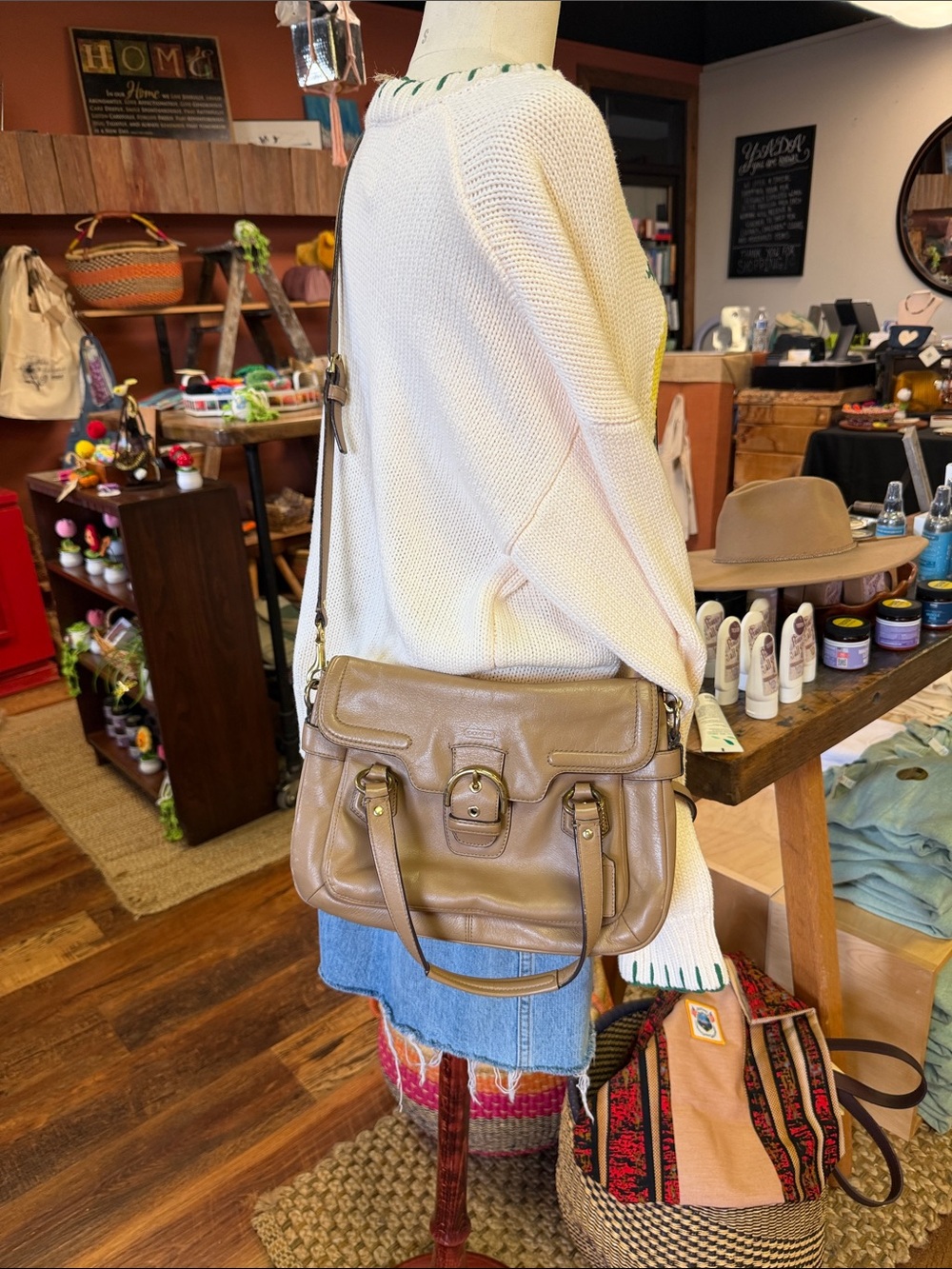 Coach Tan Leather Buckle-Front Shoulder Bag